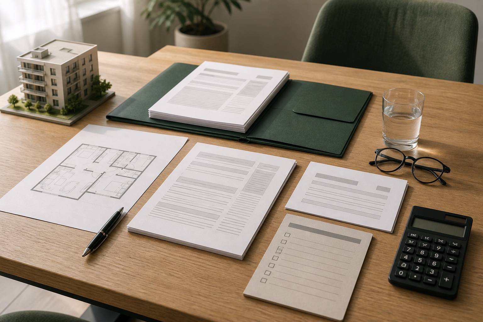 Bàn làm việc với hồ sơ mua căn hộ, checklist và sơ đồ; hình ảnh minh họa, không phải hồ sơ pháp lý Central Residence