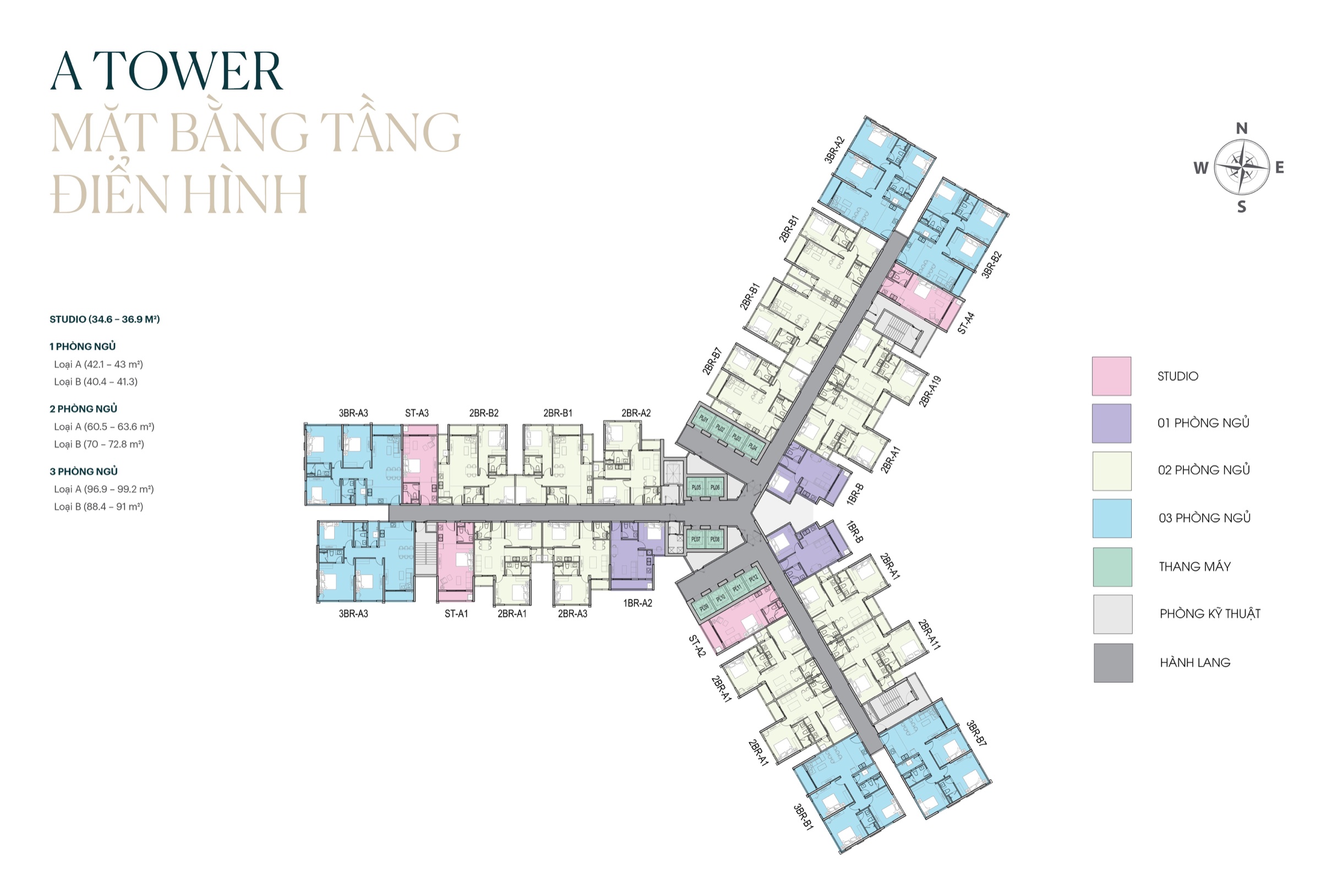 Mặt bằng tầng điển hình tòa A Central Residence với Studio, 1, 2 và 3 phòng ngủ