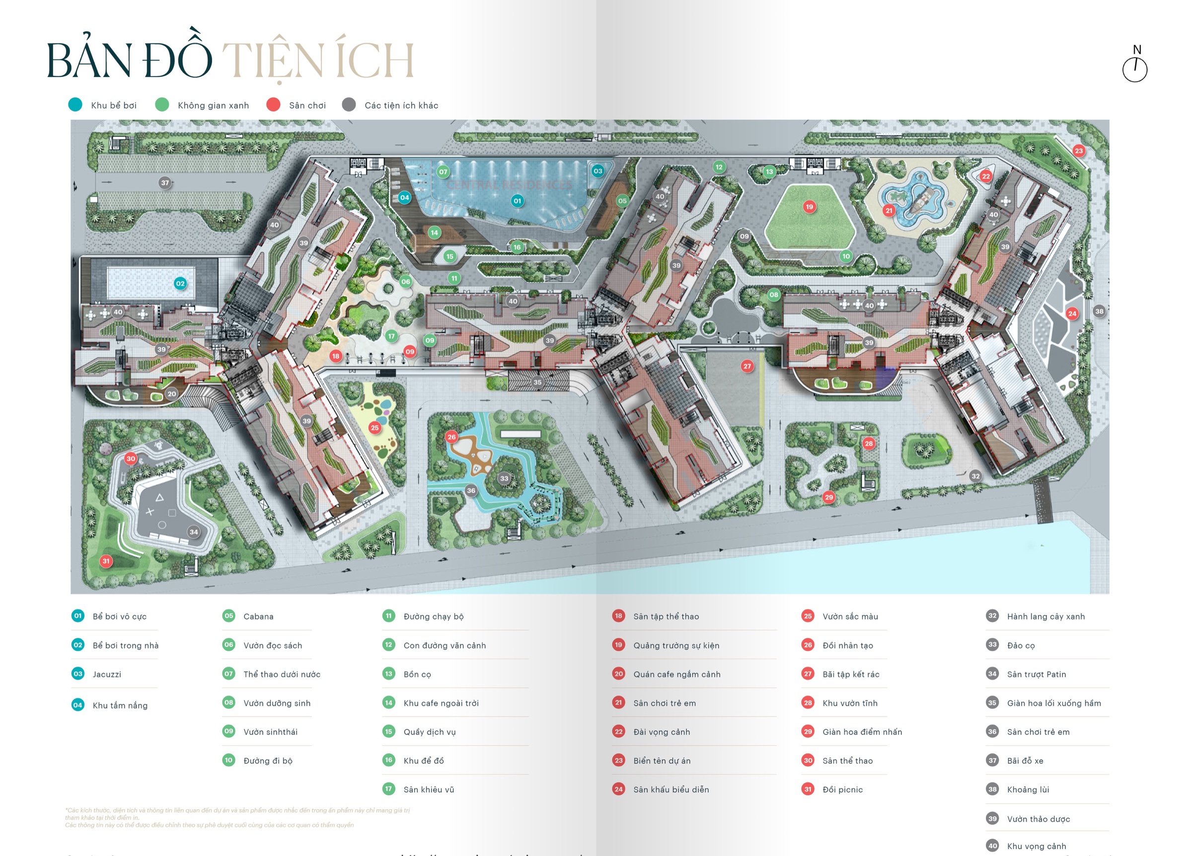 Bản đồ mặt bằng tiện ích Central Residence với hồ bơi, sân chơi và không gian xanh