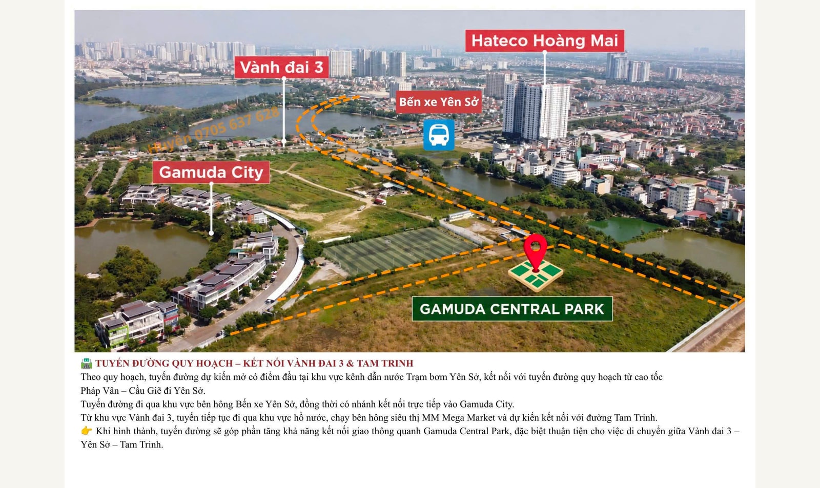 Sơ đồ tham khảo tuyến đường quy hoạch khoảng 2 km kết nối Gamuda City, Bến xe Yên Sở, Vành đai 3 và Tam Trinh
